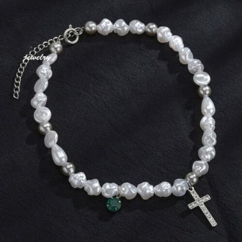 Rhinestone Cross Charm Pendants Fashion Necklace Simulated Irregular Pearls Crystals Simply Necklace for Women Jewelry T84A