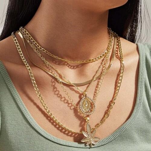 Punk Maple Leaf Palm Cross Virgin Mary Pendant Multilayer Gold Long Necklace Personality Snake Chain Necklace Jewelry Gifts