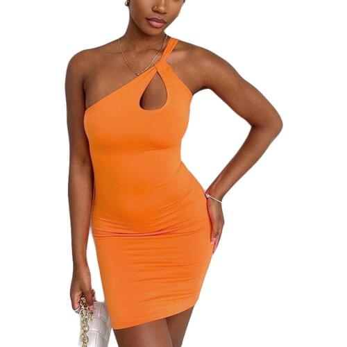 Summer Womens Dress 2021,One-shoulder Sheath Adults Sleeveless Solid Color Cutout Skin-friendly Comfortable Clothes (Orange)