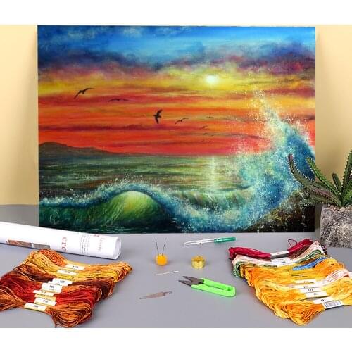 Natural Scenery Sunset Wave Printed Canvas 11CT Cross Stitch Patterns DIY Embroidery DMC Threads Handmade Sewing Decor
