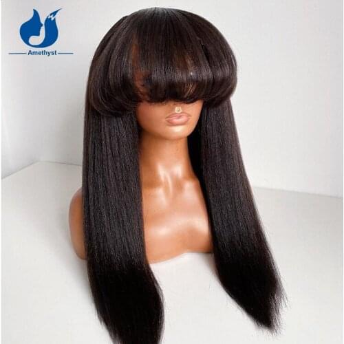 Amethyst Yaki Straight Human Hair Wigs With Bang Brazilian Remy Hair Full Machine Made O Part Scalp Top Wig Yaki Straight Wigs