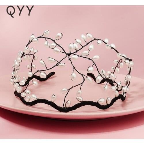 QYY Handmade Pearl Tiaras and Crowns Bridal Wedding Crown Headbands for Women Accessories Party Hair Jewelry Headpiece Headwear