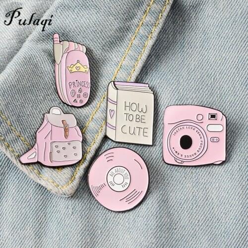 Backpack Book Camera Mobile Phone CD Enamel Pin Custom Badges Paper Airplane Brooches Lapel Pins Denim Shirt Jewelry Kids Gift