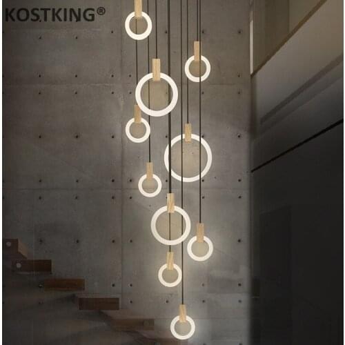 Modern LED Chandelier ceiling living room Wooden lighting Acrylic Ring fixtures stairs deco hanging lights dining pendant lamps