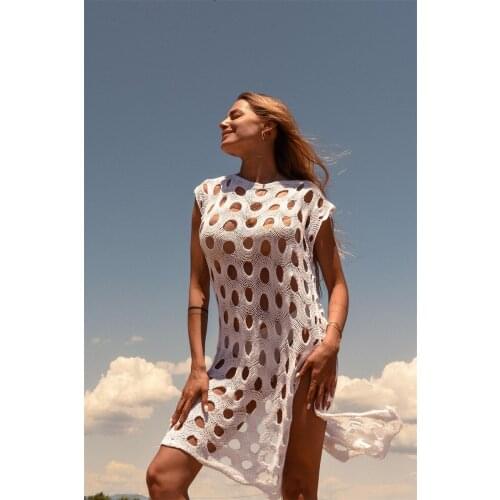 Crochet Bikini Cover Up Women Sexy Hollow Side Split Tunic Knitted Beach Dress 2021 Summer Bathing Suit Beachwear Knit Swimsuits