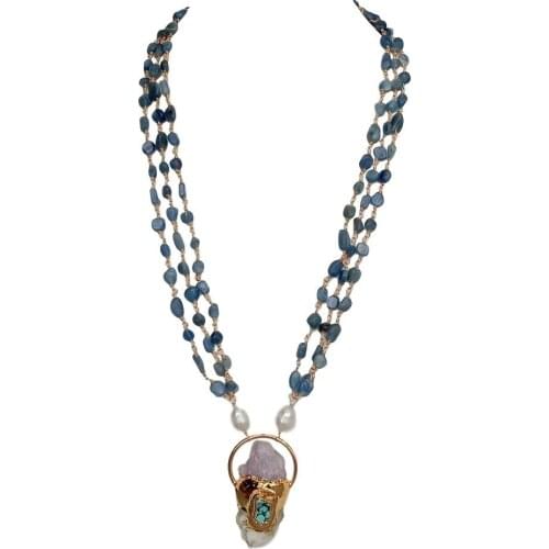 YYGEM Natural Blue Kyanite Freeform White Rice Pearl Chain Quartz Amethyst Rough Pendant Necklace 26