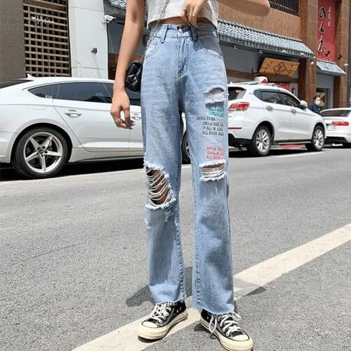 Varofi girls' ripped jeans spring and autumn loose jeans Y2K jeans straight tube high waist thin torn wide leg pants