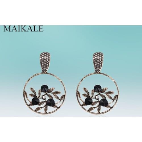 MAIKALE Vintage Dangle Circle Hollow Alloy Earrings Leaf Rhinestone Drop Earring for Women Jewelry High Quality Classic Gifts