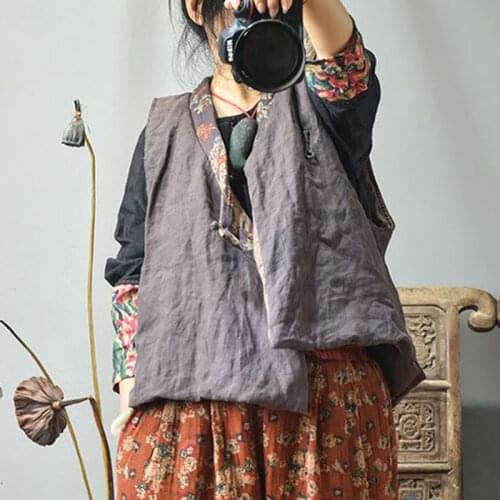 FairyNatural Ladies Retro Linen Patchwork Color Coats Button V Neck New Women Warm Plus Cotton Vests 2021 Spring Autumn