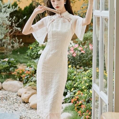 Elegant Vintage Cheongsam Women Summer 2021 Chinese style Retro Qipao Vestido Flowers Hollow Chic Gentle Lace Dress Vestidos