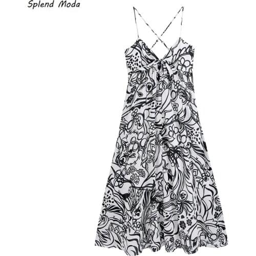 Vintage Style Sling Printed Back Cross A-Line Women Chest Knotted Hollow Out Folds Long Sexy Backless Suspender Dress Vestido