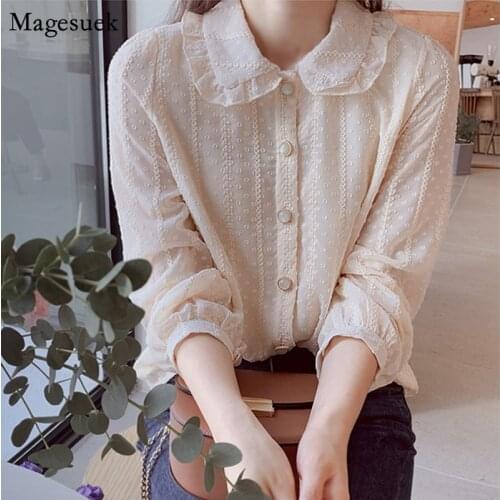 2021 Autumn Sweet Chiffon Blouse Women Peter Pan Collar Female Shirt Long Sleeve korean style Women Shirts Tops Blusas 10351