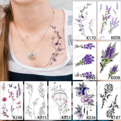 9pc Purple Lavender Waterproof Temporary Tattoo Sticker Set Watercolor Plant Rose Flash Tatoo Woman Girl Body Art Fake Tatto Man