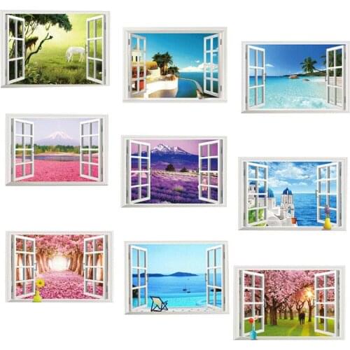 9 styles 3D Window Decal Wall Stickers Home Decor Beach landscape View Art Wall paper Mural Poter