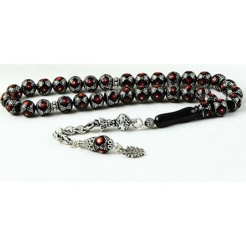 Natural Jet Stone Prayer Bead With Silver Tassel Men Rosary Islamic Tasbih With Ottoman Flag Tassel 925 Sterling Silver