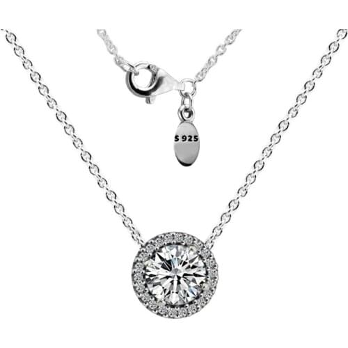 CKK Classic Elegance Necklace, Clear CZ 925 Sterling Silver Jewelry Round Pendant Necklaces for Women Gift free shipping N046