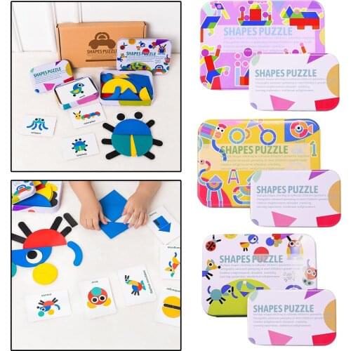 Wooden Pattern Blocks Puzzle Shapes Set Kindergarten Classic Educational Montessori Tangram Toys for Toddlers 3-8