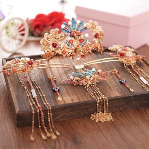 Chinese Bride Tiara Set Gold Handmade Classical Hair Decoration Ancient Style Show Clothes Dragon Phoenix Wedding Hair Jewelry