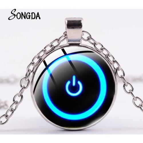 Computer Button Pendant Necklace Power Switch Button Pattern Art Glass Crystal Choker For Women Men Jewelry Gift Accessories
