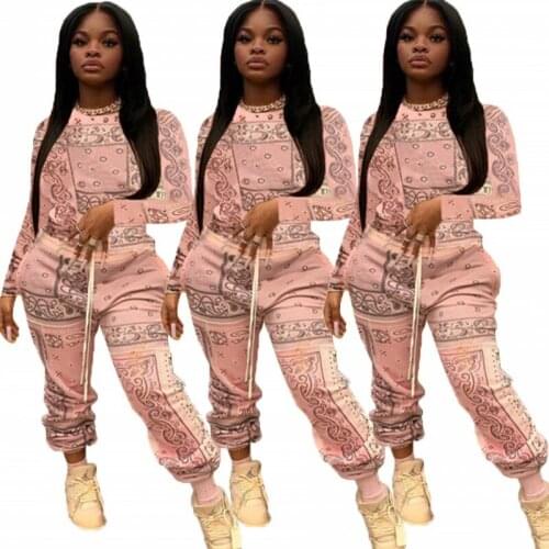 Two Piece Set Women Pullover Full Sleeve Sweatshirt Tops And Drawstring Pants Set Autumn Fashion Print Tracksuit 2 Piece Outfits