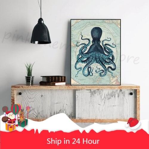 Kraken Octopus Tentacles Vintage Poster Prints Nautical Coastal Wall Art Picture Antarctica Map Canvas Painting Home Wall Decor