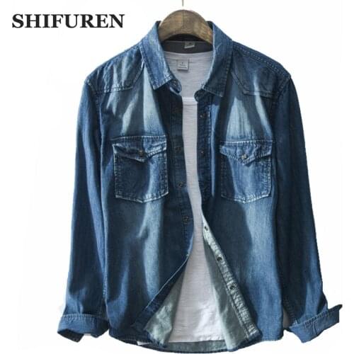 SHIFUREN New Autumn Men Cotton Denim Shirts Long Sleeve Soft Male Jeans Shirts Turn-down Collar Causal Shirts Size M-XXXL