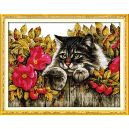 Cat in the flowers position cross stitch kit 18ct 14ct 11ct count printed canvas stitching embroidery DIY handmade needlework