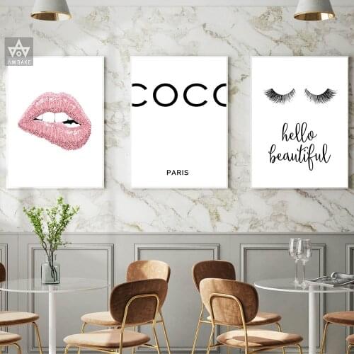 Eyelashes Print Makeup Wall Art Decor Hello beautiful Quote Pink Lip Fashion Art Posters Canvas Painting Beauty Salon Decoration