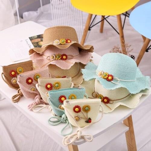 Child Summer New Straw Hats 2-6Y Female Baby Girls Hat Matching Bag Korean Sun Shade Flower Pot Hat Beach Beach Hat Matching Bag