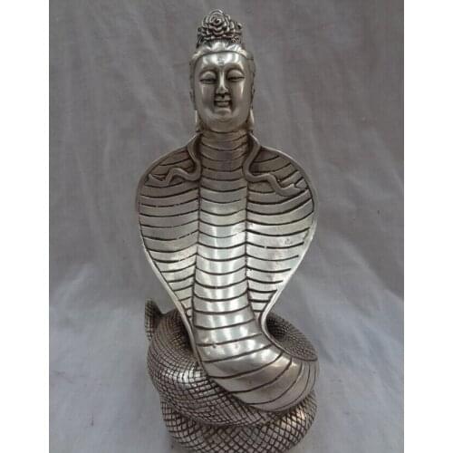 Song voge gem S2813 8" Chinese Silver Buddhist Kwan-Yin Head Snake Buddha Bronze GuanYin God Statue