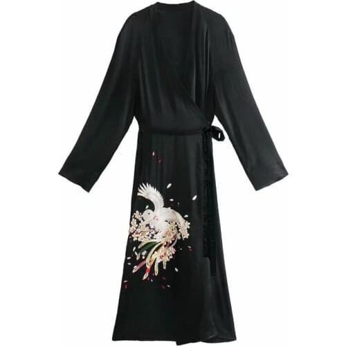 Evfer Women Sprint Fashion Phoenix Embroidery Black Kimono Long Dress Chic Lady High Waist With Belt Japan Style Vintage Dresses