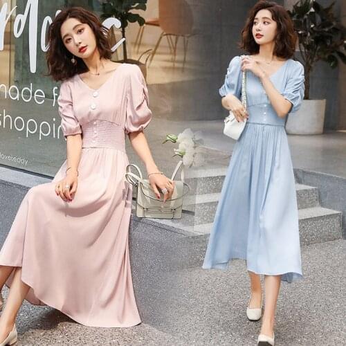 Fashion dress summer new Mid-length solid color short-sleeved elastic waist Slim bubble sleeve V-neck ruffled vestidos D276