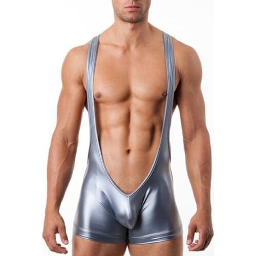 Sexy Men Faux Leather PU Undershirt Wrestling One Piece Singlet Boxers Jumpsuit Suspender Underwear Exotic Straps Bodysuit