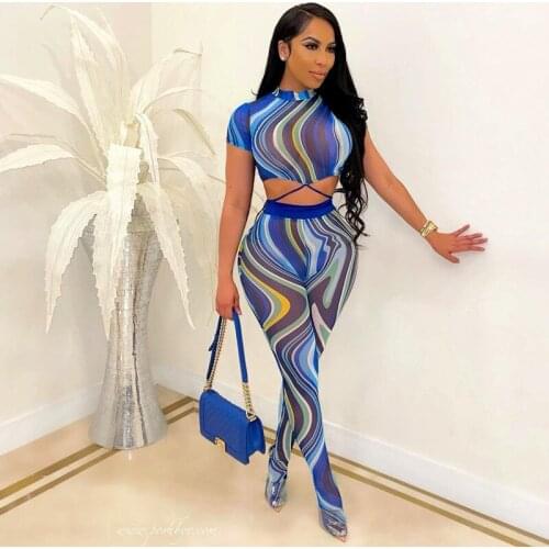 Sexy Party Club Womens Tie-dyed Two Piece Set 2021 Summer Lace Up Crop Top And High Waist Pencil Pants Femme Streetwear Suits