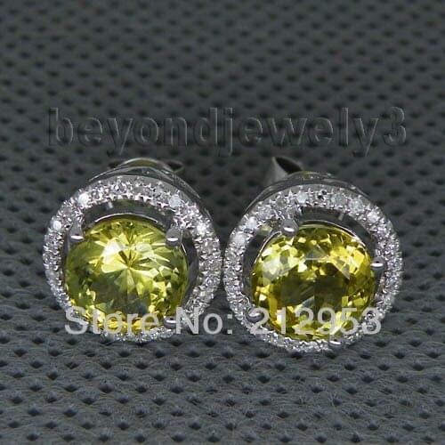 Fine Jewelry Round 7mm Natural Peridot Gold Earrings Solid 14Kt White Gold Diamond Earrings For Women WE004