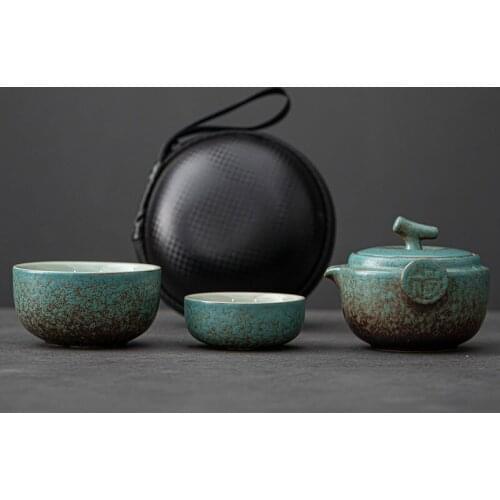 Green Ceramic Teapot Teacup Handmade Portable Travel Tea Sets Chinese Designer Retro Teaware Vintage Cups Unique Gift For Friend