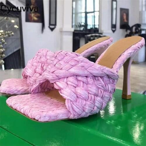 2021 Spring Brand Slippers Women Pink Braid Fold High Heel Mules Shoes Flip Flops Party Sandals For Women Summer Wedding Shoes