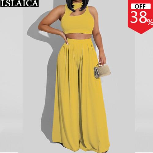Summer Suits Women Two Pieces Set Crop Tops Sleeveless Elastic Waist Wide Leg Pants Two Piece Casual New Fashion Office Lady Set