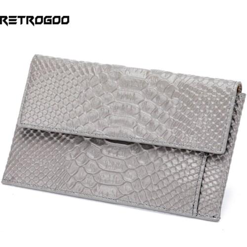 RETROGOO Genuine Leather Women Day Clutches Snake Pattern Cowhide Card Holder Wallet Female Zipper Coin Purse Flap Envelope Bag