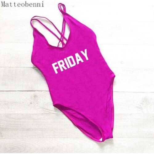 Friday Letter Print One Piece Swimsuit Women Swimwear Push Up Monokini Bodysuit Pink Swim Suit Backless Bathing Suit Beach Wear