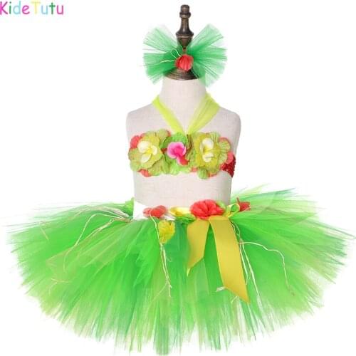 Hawaii Hula Dance Costume With Headband Fluffy Children Kids Luau Bonfire Party Dress Baby Toddler Birthday Party Outfit Clothes