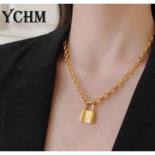 Lock Choker Necklace for Women Stainless Steel Chunky O Shape Link Chain Necklace Fashion Lock Pendant Necklace Hip Hop Jewelry