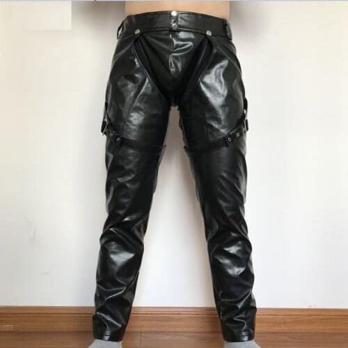 2019 PVC Night Club Men Straps Trousers M-2XL Sexy Men Faux Leather Open Crotch Erotic Latex Pants