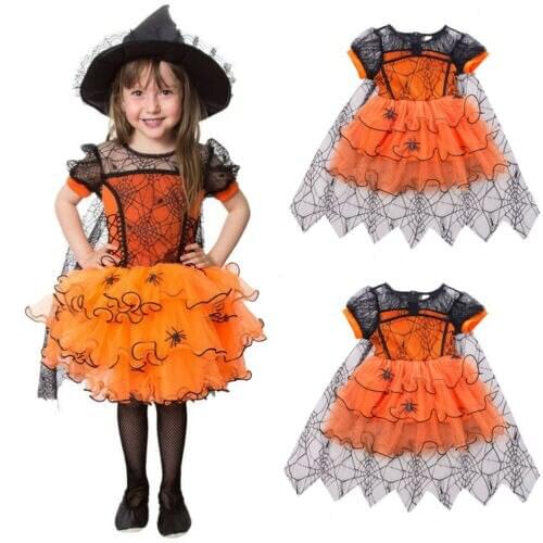 2020 Brand Halloween Girls Witch Costume Childs Dress Spider Web Lace Rainbow Fancy Dress Baby Outfit Kids Party Clothes