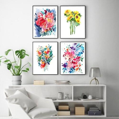Abstract Floral Watercolor Leaves Wall Art Canvas Painting Sunflowers Print Posters Big Bouquet Pictures Nordic Livingroom Decor