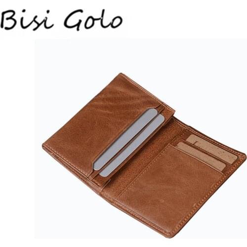 BISI GORO Men Genuine Leather Card Holders Short Wallet Retro Business Credit Card Holders Coin Purses RFID 2021 Brown Wallet