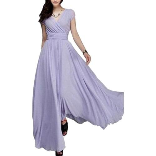 Bohemian Women Clothes Solid Color Short Sleeve V Neck Tight Waist Maxi Evening Dress