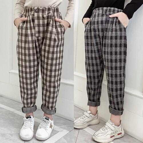 Girls Casual Plaid Pants British Style Suit Pants Autumn Winter Loose Long Pants Retro Trousers Children 4-14 Years Kids Clothes