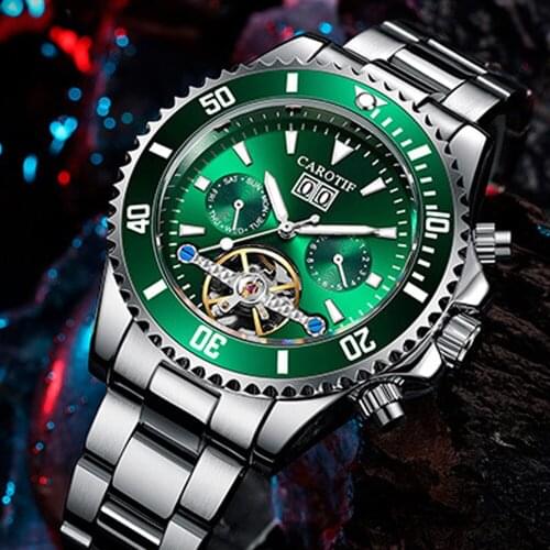 CAROTIF Automatic Watch Men Skeleton Tourbillon Mechanical Wrist Watches Mens Waterproof Stainless Steel Calendar Reloj Hombre