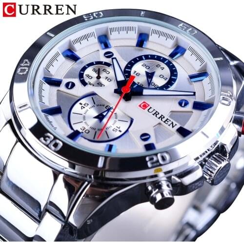 CURREN Silver Stainless Steel 2018 Fashion Blue Hands Mens Quartz Sport Miliatry Wrist Watch Top Brand Luxury Male Montre Homme